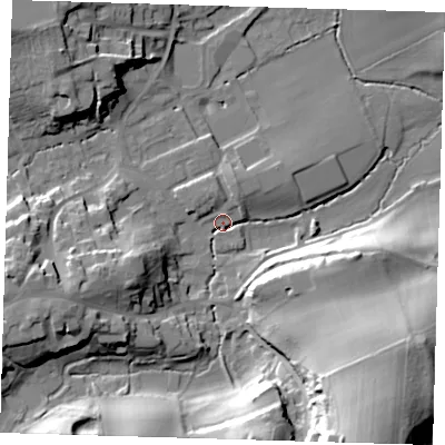 Shaded relief map of the ground around TN161BS, computed from Environment Agency LiDAR. The ground here sits at about 103 m above sea level and falls 43 m across the surrounding 800 m. Surface water reaching this point runs off ground lying to the north-north-east, 3.0 m higher.