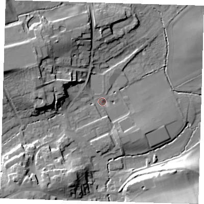 Shaded relief map of the ground around TN161BT, computed from Environment Agency LiDAR. The ground here sits at about 102 m above sea level and falls 30 m across the surrounding 800 m. Surface water reaching this point runs off ground lying to the west-north-west, 18.6 m higher.