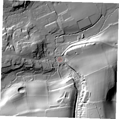 Shaded relief map of the ground around TN161BU, computed from Environment Agency LiDAR. The ground here sits at about 104 m above sea level and falls 52 m across the surrounding 800 m. Surface water reaching this point runs off ground lying to the south-south-east, 47.0 m higher.