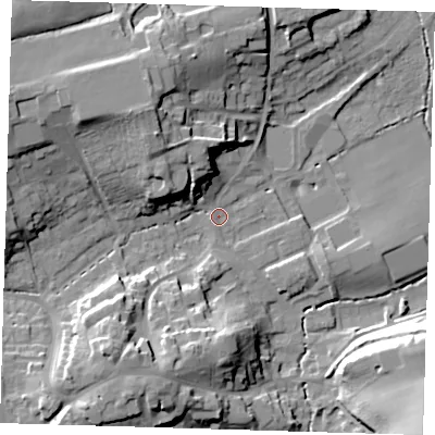 Shaded relief map of the ground around TN161BZ, computed from Environment Agency LiDAR. The ground here sits at about 104 m above sea level and falls 28 m across the surrounding 800 m. Surface water reaching this point runs off ground lying to the west-north-west, 17.9 m higher.