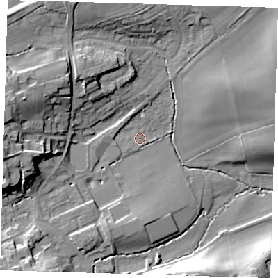 Shaded relief map of the ground around TN161DA, computed from Environment Agency LiDAR. The ground here sits at about 101 m above sea level and falls 22 m across the surrounding 800 m. Surface water reaching this point runs off ground lying to the west, 18.4 m higher.