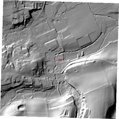 Shaded relief map of the ground around TN161DD, computed from Environment Agency LiDAR. The ground here sits at about 104 m above sea level and falls 45 m across the surrounding 800 m. Surface water reaching this point runs off ground lying to the south-south-east, 40.4 m higher.