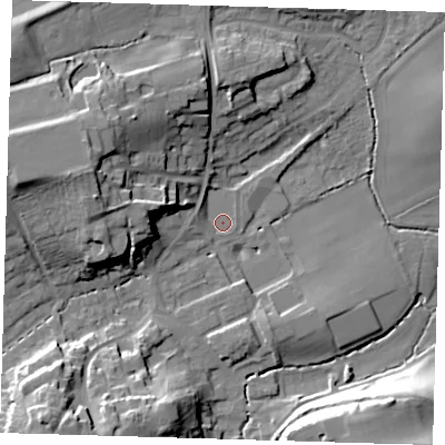 Shaded relief map of the ground around TN161DE, computed from Environment Agency LiDAR. The ground here sits at about 103 m above sea level and falls 22 m across the surrounding 800 m. Surface water reaching this point runs off ground lying to the west-north-west, 2.2 m higher.