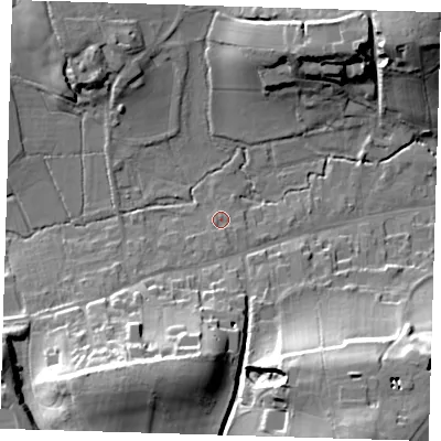 Shaded relief map of the ground around TN161DG, computed from Environment Agency LiDAR. The ground here sits at about 90 m above sea level and falls 28 m across the surrounding 800 m. Surface water reaching this point runs off ground lying to the south-south-east, 1.5 m higher.