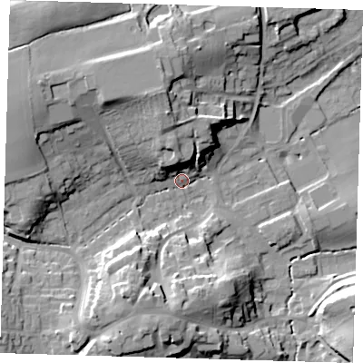 Shaded relief map of the ground around TN161EN, computed from Environment Agency LiDAR. The ground here sits at about 106 m above sea level and falls 22 m across the surrounding 800 m. Surface water reaching this point runs off ground lying to the north-west, 17.9 m higher.
