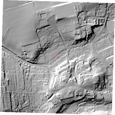 Shaded relief map of the ground around TN161EP, computed from Environment Agency LiDAR. The ground here sits at about 107 m above sea level and falls 33 m across the surrounding 800 m. Surface water reaching this point runs off ground lying to the south-west, 28.4 m higher.