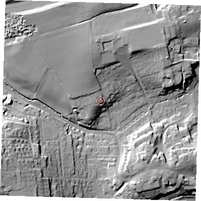 Shaded relief map of the ground around TN161ET, computed from Environment Agency LiDAR. The ground here sits at about 116 m above sea level and falls 35 m across the surrounding 800 m. Surface water reaching this point runs off ground lying to the west-north-west, 4.2 m higher.
