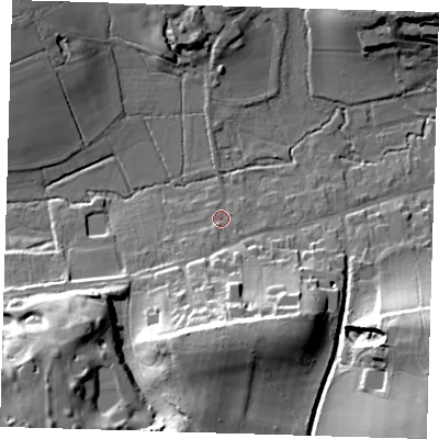 Shaded relief map of the ground around TN161HY, computed from Environment Agency LiDAR. The ground here sits at about 92 m above sea level and falls 31 m across the surrounding 800 m. Surface water reaching this point runs off ground lying to the south, 20.9 m higher.