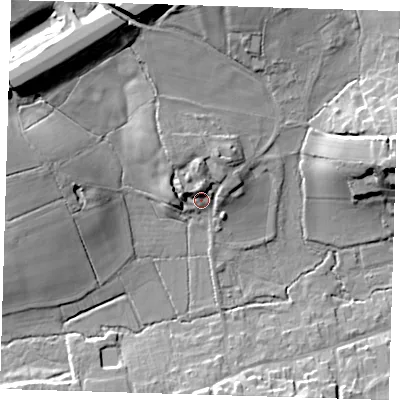 Shaded relief map of the ground around TN161HZ, computed from Environment Agency LiDAR. The ground here sits at about 94 m above sea level and falls 20 m across the surrounding 800 m. Surface water reaching this point runs off ground lying to the north, 6.3 m higher.
