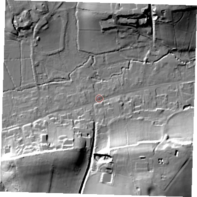Shaded relief map of the ground around TN161JA, computed from Environment Agency LiDAR. The ground here sits at about 90 m above sea level and falls 28 m across the surrounding 800 m. Surface water reaching this point runs off ground lying to the south-south-east, 24.3 m higher.