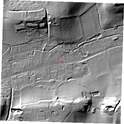 Shaded relief map of the ground around TN161JN, computed from Environment Agency LiDAR. The ground here sits at about 87 m above sea level and falls 32 m across the surrounding 800 m. Surface water reaching this point runs off ground lying to the south-south-west, 25.0 m higher.