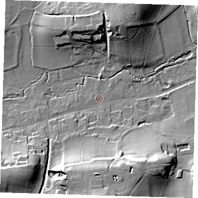 Shaded relief map of the ground around TN161JQ, computed from Environment Agency LiDAR. The ground here sits at about 88 m above sea level and falls 29 m across the surrounding 800 m. Surface water reaching this point runs off ground lying to the south-west, 24.3 m higher.