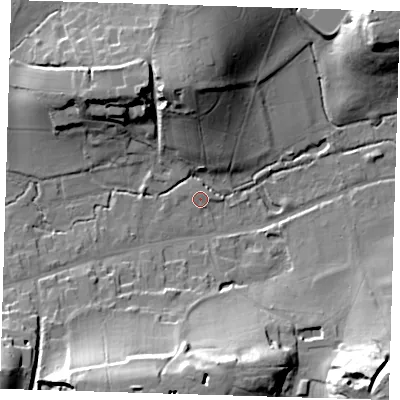 Shaded relief map of the ground around TN161NG, computed from Environment Agency LiDAR. The ground here sits at about 88 m above sea level and falls 32 m across the surrounding 800 m. Surface water reaching this point runs off ground lying to the west-south-west, 1.3 m higher.
