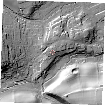 Shaded relief map of the ground around TN161RJ, computed from Environment Agency LiDAR. The ground here sits at about 117 m above sea level and falls 45 m across the surrounding 800 m. Surface water reaching this point runs off ground lying to the west, 4.3 m higher.