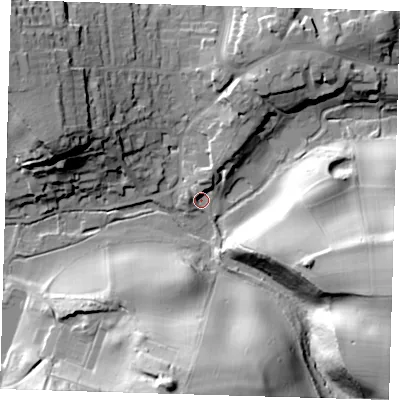 Shaded relief map of the ground around TN161SG, computed from Environment Agency LiDAR. The ground here sits at about 109 m above sea level and falls 42 m across the surrounding 800 m. Surface water reaching this point runs off ground lying to the south, 38.9 m higher.