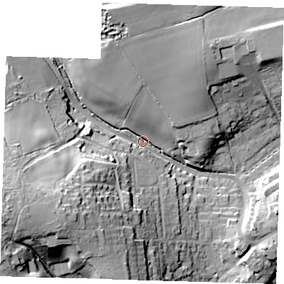 Shaded relief map of the ground around TN161SX, computed from Environment Agency LiDAR. The ground here sits at about 111 m above sea level and falls 36 m across the surrounding 800 m. Surface water reaching this point runs off ground lying to the west-south-west, 31.4 m higher.