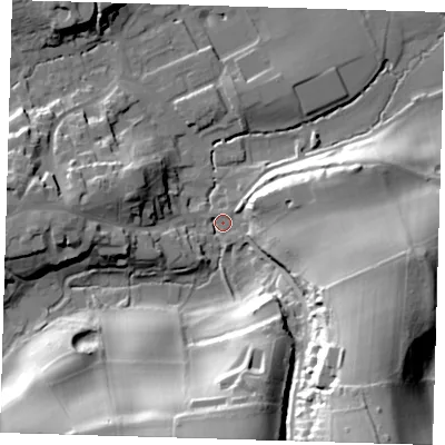 Shaded relief map of the ground around TN161TD, computed from Environment Agency LiDAR. The ground here sits at about 104 m above sea level and falls 52 m across the surrounding 800 m. Surface water reaching this point runs off ground lying to the south-south-east, 46.5 m higher.