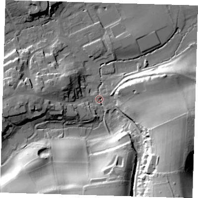 Shaded relief map of the ground around TN161TG, computed from Environment Agency LiDAR. The ground here sits at about 104 m above sea level and falls 51 m across the surrounding 800 m. Surface water reaching this point runs off ground lying to the south-east, 46.3 m higher.