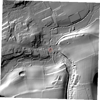 Shaded relief map of the ground around TN161TH, computed from Environment Agency LiDAR. The ground here sits at about 104 m above sea level and falls 52 m across the surrounding 800 m. Surface water reaching this point runs off ground lying to the south-east, 47.6 m higher.
