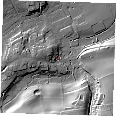 Shaded relief map of the ground around TN161TL, computed from Environment Agency LiDAR. The ground here sits at about 107 m above sea level and falls 49 m across the surrounding 800 m. Surface water reaching this point runs off ground lying to the west, 14.5 m higher.