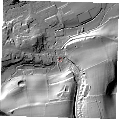 Shaded relief map of the ground around TN161UF, computed from Environment Agency LiDAR. The ground here sits at about 104 m above sea level and falls 53 m across the surrounding 800 m. Surface water reaching this point runs off ground lying to the south-south-east, 47.6 m higher.