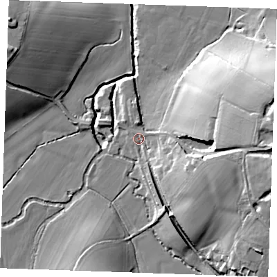 Shaded relief map of the ground around TN171HA, computed from Environment Agency LiDAR. The ground here sits at about 34 m above sea level and falls 27 m across the surrounding 800 m. Surface water reaching this point runs off ground lying to the east, 21.9 m higher.