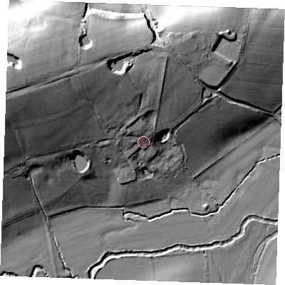 Shaded relief map of the ground around TN171HE, computed from Environment Agency LiDAR. The ground here sits at about 43 m above sea level and falls 29 m across the surrounding 800 m. Surface water reaching this point runs off ground lying to the west-north-west, 19.0 m higher.