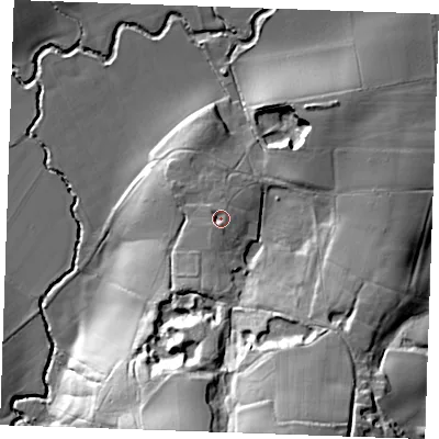 Shaded relief map of the ground around TN171HH, computed from Environment Agency LiDAR. The ground here sits at about 46 m above sea level and falls 41 m across the surrounding 800 m. Surface water reaching this point runs off ground lying to the south, 2.3 m higher.