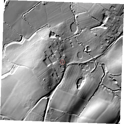 Shaded relief map of the ground around TN171JT, computed from Environment Agency LiDAR. The ground here sits at about 35 m above sea level and falls 36 m across the surrounding 800 m. Surface water reaching this point runs off ground lying to the south-west, 17.0 m higher.