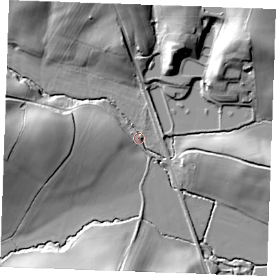 Shaded relief map of the ground around TN184RX, computed from Environment Agency LiDAR. The ground here sits at about 17 m above sea level and falls 29 m across the surrounding 800 m. Surface water reaching this point runs off ground lying to the west, 21.2 m higher.