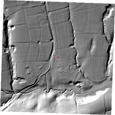 Shaded relief map of the ground around TN184XH, computed from Environment Agency LiDAR. The ground here sits at about 38 m above sea level and falls 45 m across the surrounding 800 m. Surface water reaching this point runs off ground lying to the north, 4.6 m higher.