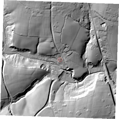 Shaded relief map of the ground around TN185AB, computed from Environment Agency LiDAR. The ground here sits at about 42 m above sea level and falls 37 m across the surrounding 800 m. Surface water reaching this point runs off ground lying to the north-north-west, 29.7 m higher.
