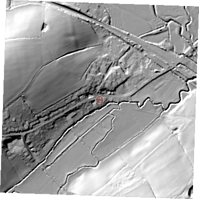 Shaded relief map of the ground around TN197AN, computed from Environment Agency LiDAR. The ground here sits at about 20 m above sea level and falls 31 m across the surrounding 800 m. Surface water reaching this point runs off ground lying to the west-north-west, 18.6 m higher.