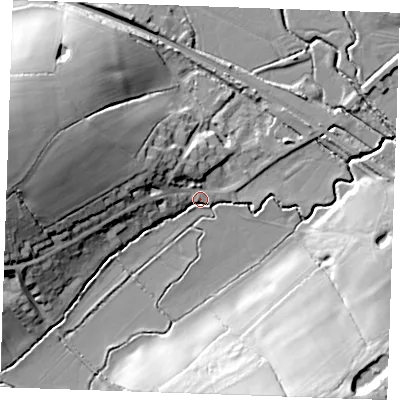 Shaded relief map of the ground around TN197AP, computed from Environment Agency LiDAR. The ground here sits at about 18 m above sea level and falls 32 m across the surrounding 800 m. Surface water reaching this point runs off ground lying to the west-north-west, 21.5 m higher.