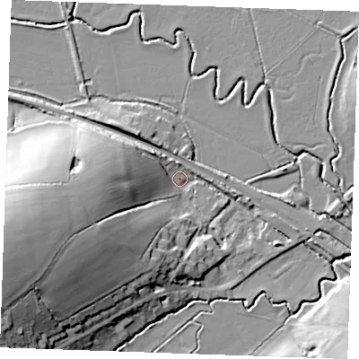 Shaded relief map of the ground around TN197AS, computed from Environment Agency LiDAR. The ground here sits at about 17 m above sea level and falls 29 m across the surrounding 800 m. Surface water reaching this point runs off ground lying to the west-south-west, 27.3 m higher.