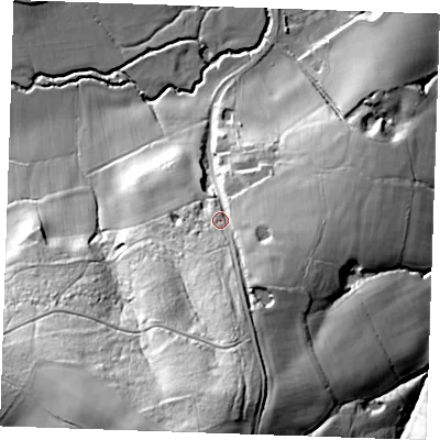 Shaded relief map of the ground around TN197DP, computed from Environment Agency LiDAR. The ground here sits at about 55 m above sea level and falls 66 m across the surrounding 800 m. Surface water reaching this point runs off ground lying to the south, 41.2 m higher.