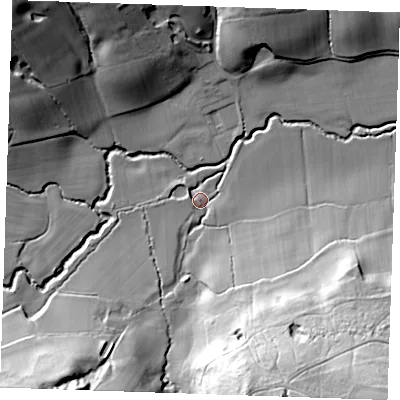 Shaded relief map of the ground around TN197DR, computed from Environment Agency LiDAR. The ground here sits at about 34 m above sea level and falls 54 m across the surrounding 800 m. Surface water reaching this point runs off ground lying to the south-south-east, 45.2 m higher.