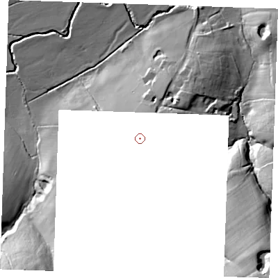 Shaded relief map of the ground around TN197EB, computed from Environment Agency LiDAR. and falls 36 m across the surrounding 800 m.