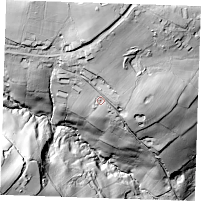 Shaded relief map of the ground around TN197HR, computed from Environment Agency LiDAR. The ground here sits at about 102 m above sea level and falls 93 m across the surrounding 800 m. Surface water reaching this point runs off ground lying to the north, 21.8 m higher.