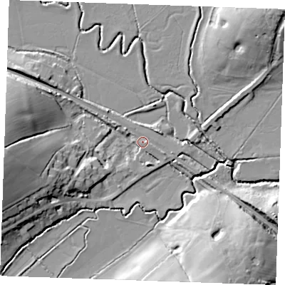 Shaded relief map of the ground around TN197PA, computed from Environment Agency LiDAR. The ground here sits at about 18 m above sea level and falls 22 m across the surrounding 800 m. Surface water reaching this point runs off ground lying to the west, 19.7 m higher.
