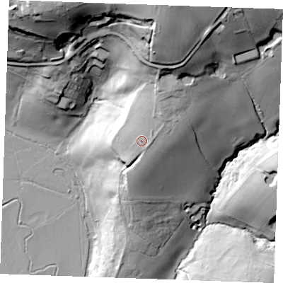 Shaded relief map of the ground around TN197QJ, computed from Environment Agency LiDAR. The ground here sits at about 47 m above sea level and falls 60 m across the surrounding 800 m. Surface water reaching this point runs off ground lying to the east-south-east, 1.9 m higher.