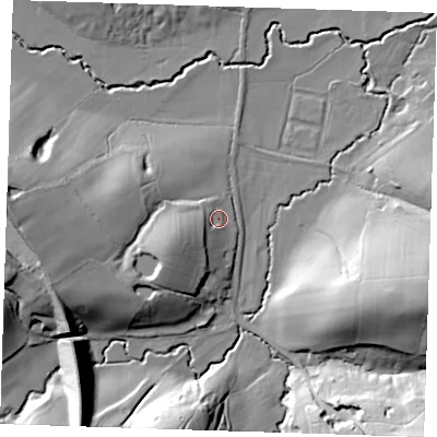 Shaded relief map of the ground around TN206RF, computed from Environment Agency LiDAR. The ground here sits at about 57 m above sea level and falls 36 m across the surrounding 800 m. Surface water reaching this point runs off ground lying to the west-south-west, 10.7 m higher.