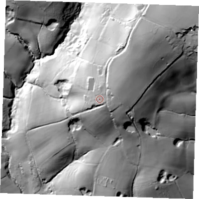 Shaded relief map of the ground around TN206RH, computed from Environment Agency LiDAR. The ground here sits at about 110 m above sea level and falls 62 m across the surrounding 800 m. Surface water reaching this point runs off ground lying to the east-north-east, 6.9 m higher.
