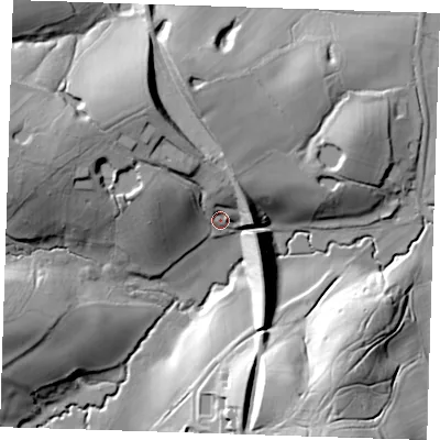 Shaded relief map of the ground around TN206RQ, computed from Environment Agency LiDAR. The ground here sits at about 62 m above sea level and falls 44 m across the surrounding 800 m. Surface water reaching this point runs off ground lying to the north-west, 20.1 m higher.
