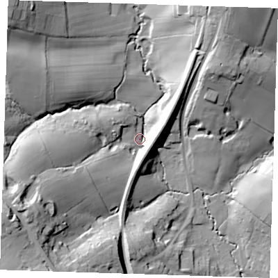 Shaded relief map of the ground around TN210BP, computed from Environment Agency LiDAR. The ground here sits at about 55 m above sea level and falls 43 m across the surrounding 800 m. Surface water reaching this point runs off ground lying to the west-south-west, 37.6 m higher.