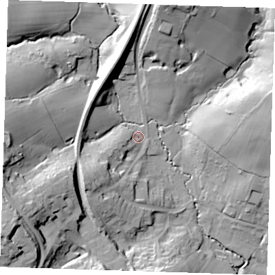 Shaded relief map of the ground around TN210HA, computed from Environment Agency LiDAR. The ground here sits at about 52 m above sea level and falls 44 m across the surrounding 800 m. Surface water reaching this point runs off ground lying to the north, 20.6 m higher.