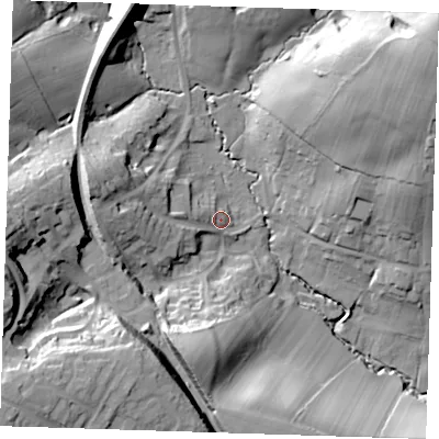 Shaded relief map of the ground around TN210HD, computed from Environment Agency LiDAR. The ground here sits at about 53 m above sea level and falls 38 m across the surrounding 800 m. Surface water reaching this point runs off ground lying to the west-north-west, 17.9 m higher.