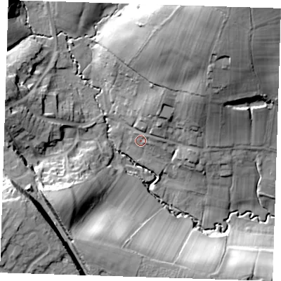 Shaded relief map of the ground around TN210HE, computed from Environment Agency LiDAR. The ground here sits at about 50 m above sea level and falls 37 m across the surrounding 800 m. Surface water reaching this point runs off ground lying to the north-north-east, 10.4 m higher.