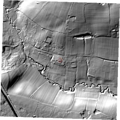 Shaded relief map of the ground around TN210HF, computed from Environment Agency LiDAR. The ground here sits at about 53 m above sea level and falls 37 m across the surrounding 800 m. Surface water reaching this point runs off ground lying to the north-north-west, 2.2 m higher.