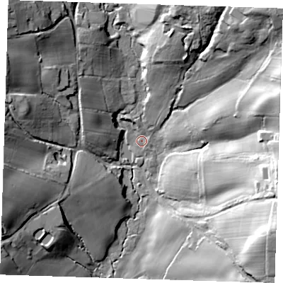 Shaded relief map of the ground around TN210PD, computed from Environment Agency LiDAR. The ground here sits at about 53 m above sea level and falls 44 m across the surrounding 800 m. Surface water reaching this point runs off ground lying to the north-north-east, 19.6 m higher.